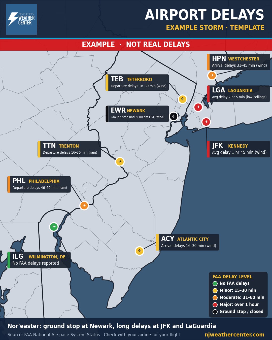Example airport delays map during a made-up nor'easter.
