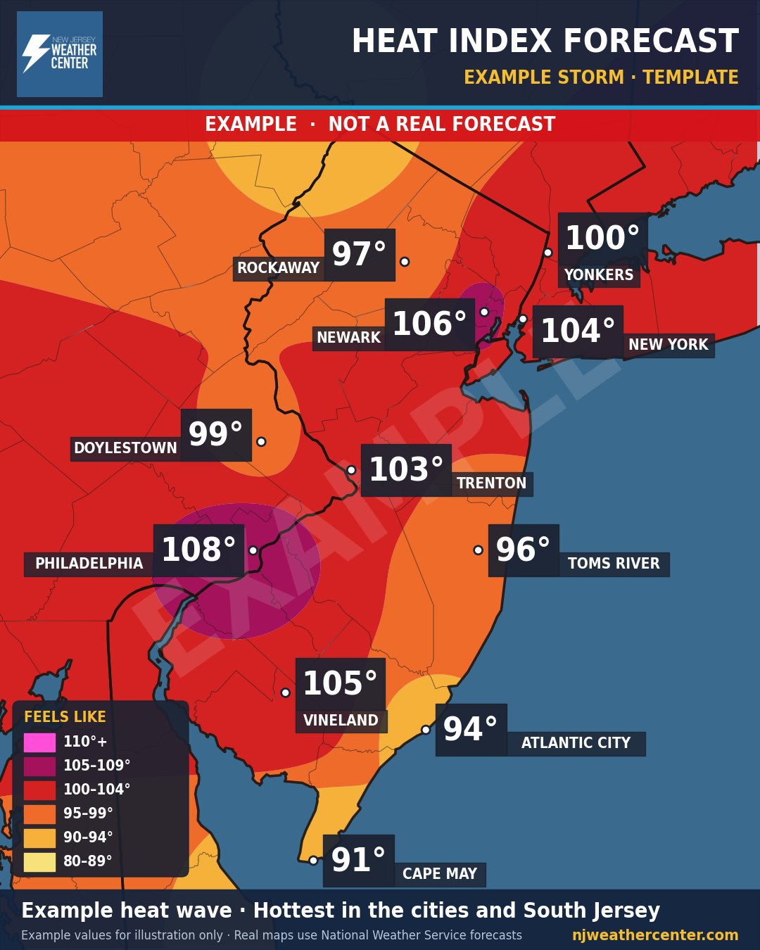 Example heat index map. This heat wave is made up, to show what the map looks like. A matching wind chill map is used in winter.
