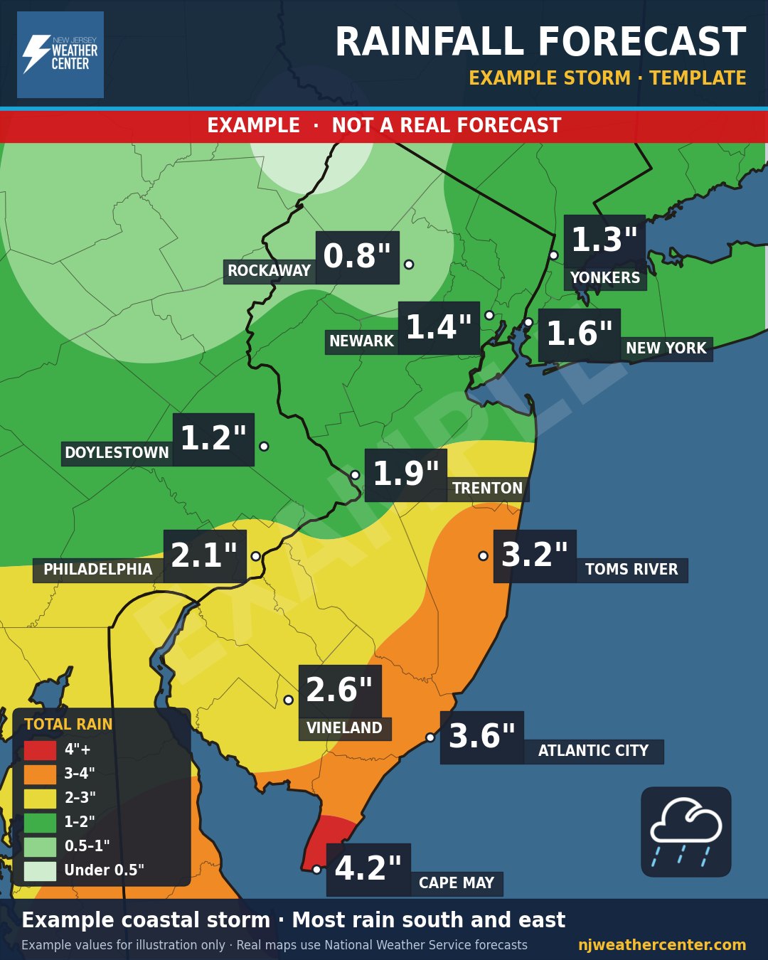 Example rainfall map. This storm is made up, to show what the map looks like.
