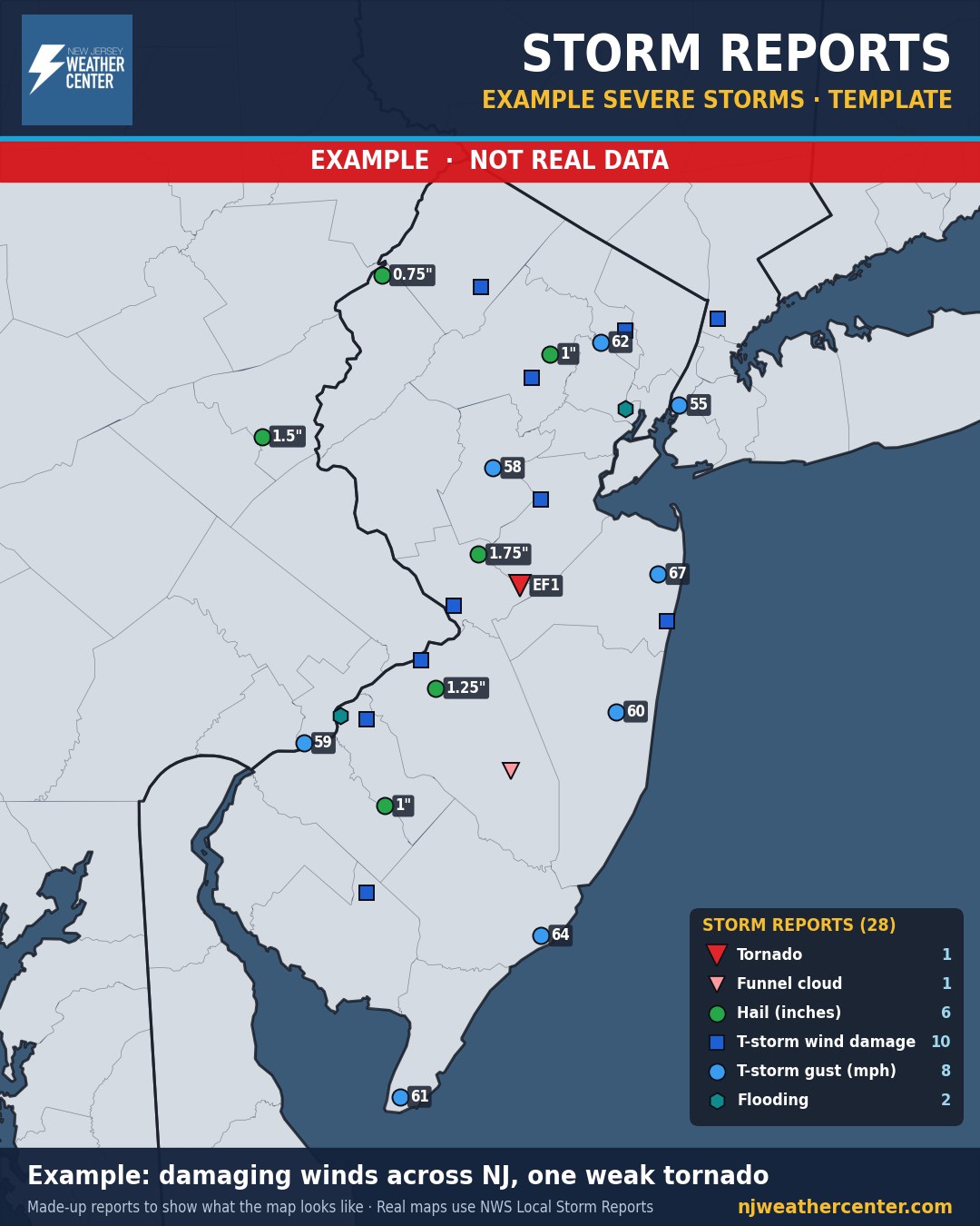 Example storm reports map. These reports are made up, to show what the map looks like.