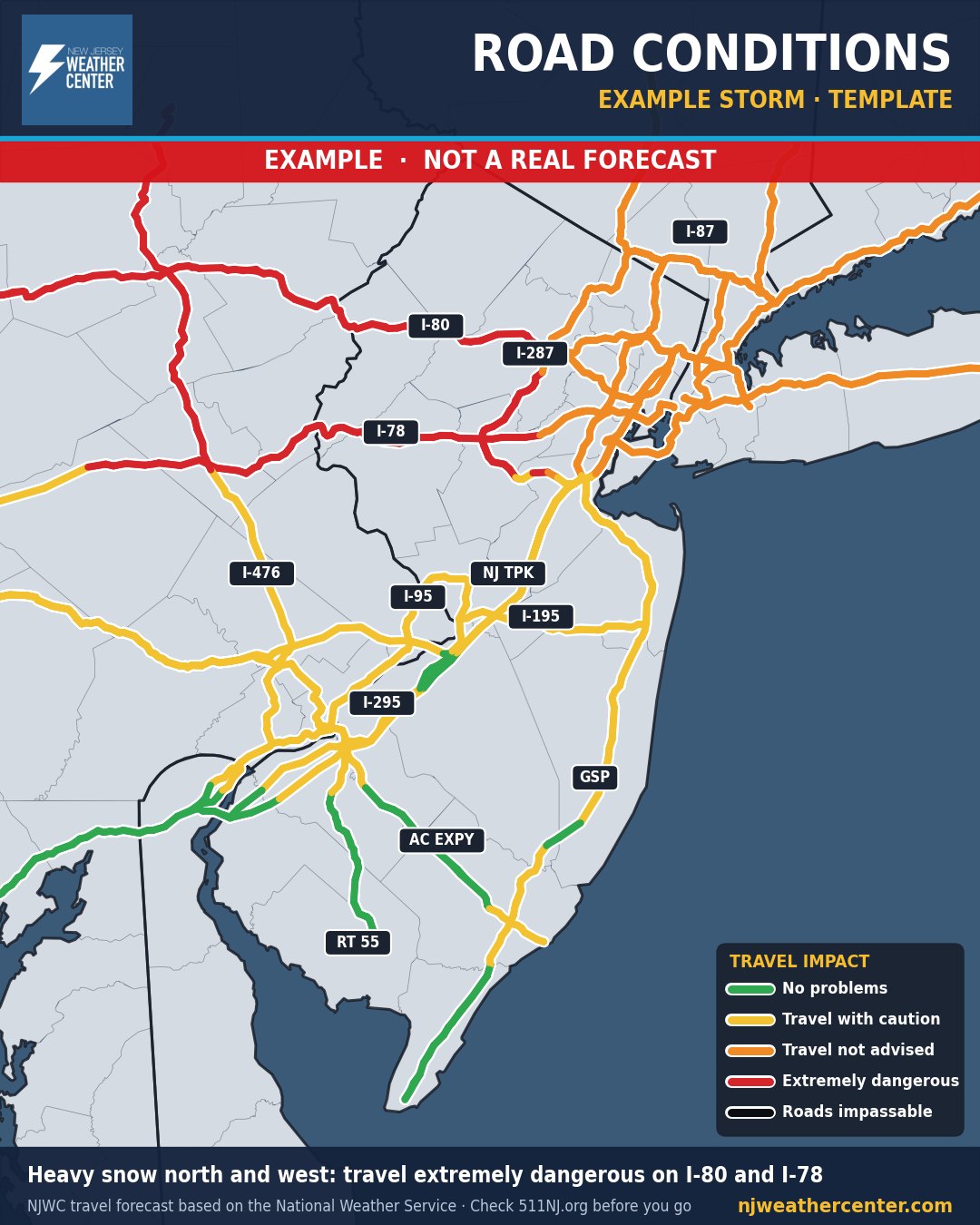 Example road conditions map during a made-up snowstorm.