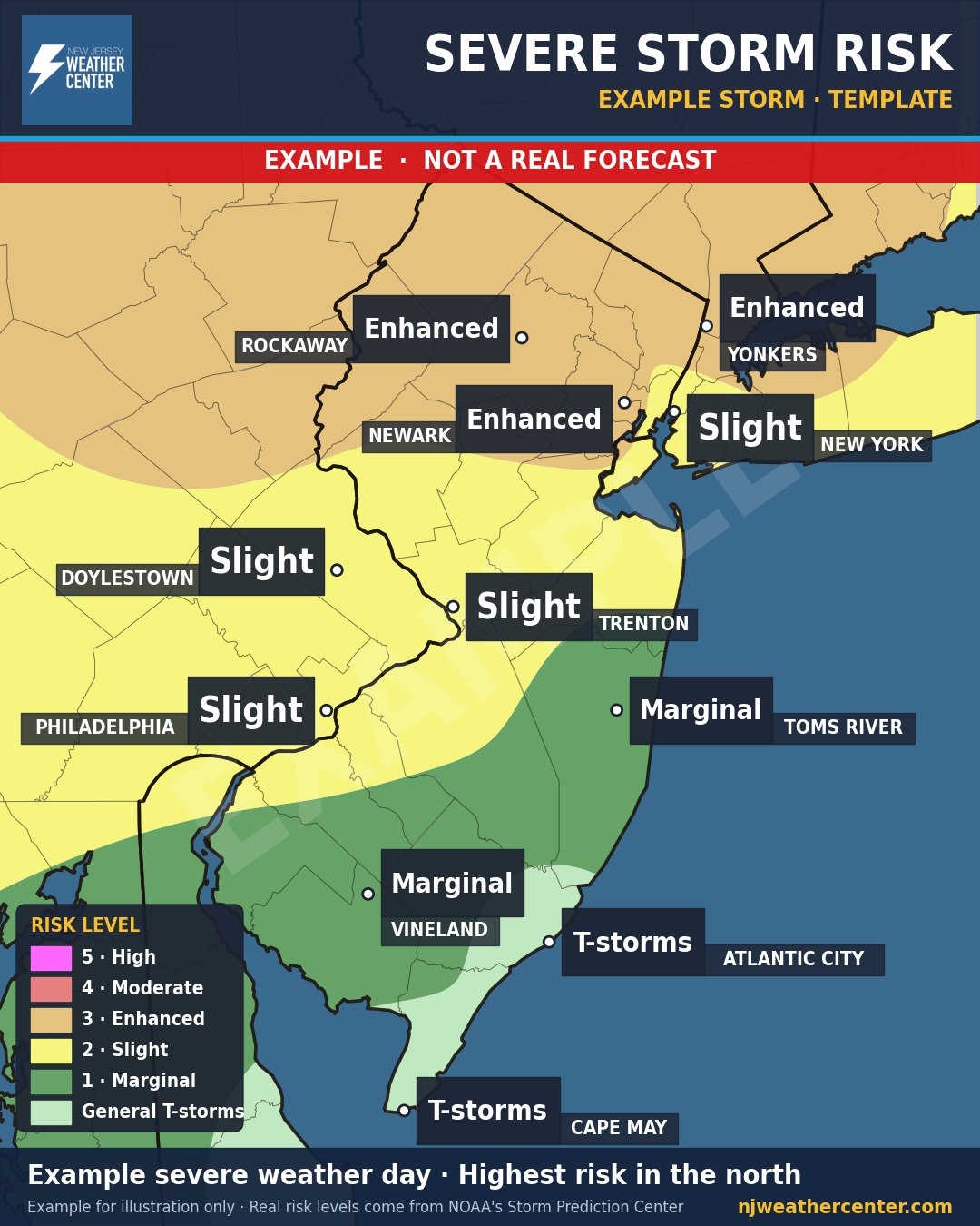 Example severe weather risk map. This day is made up, to show what the map looks like.