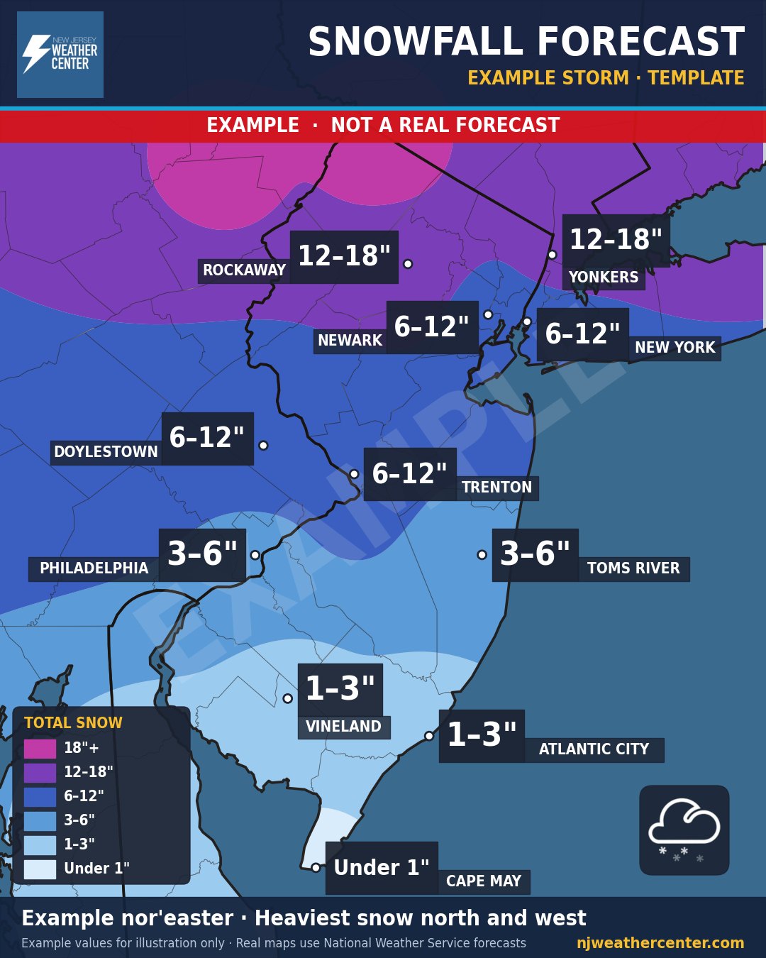 Example snowfall map. This storm is made up, to show what the map looks like.